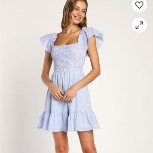 Lulus Seer Delight Blue Striped Smocked Ruffled Mini Dress - L